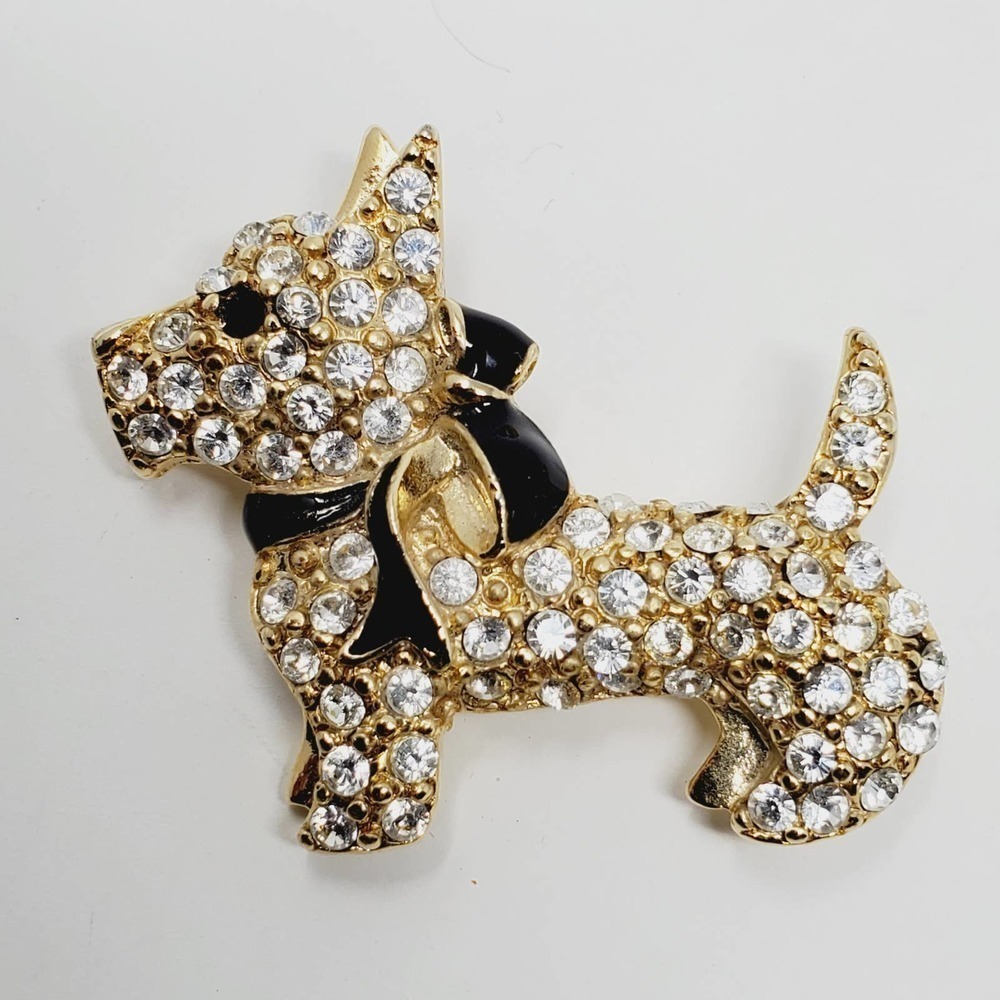 Monet Black Enamel Rhinestone Scottie Dog Terrier Figural Gold Tone Pin Brooch